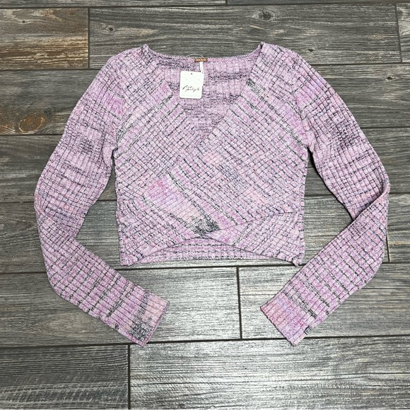 NWT $98 Free People Sweater Medium Brooke Wrap Crop Top Lilac Fog Combo Women's - Picture 6 of 16
